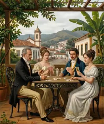 Quatre personnes jouent aux cartes autour d'une table, sous une pergola.