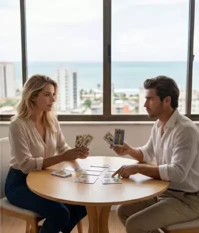 Une femme et un homme échangent autour de cartes disposées sur une table ronde.