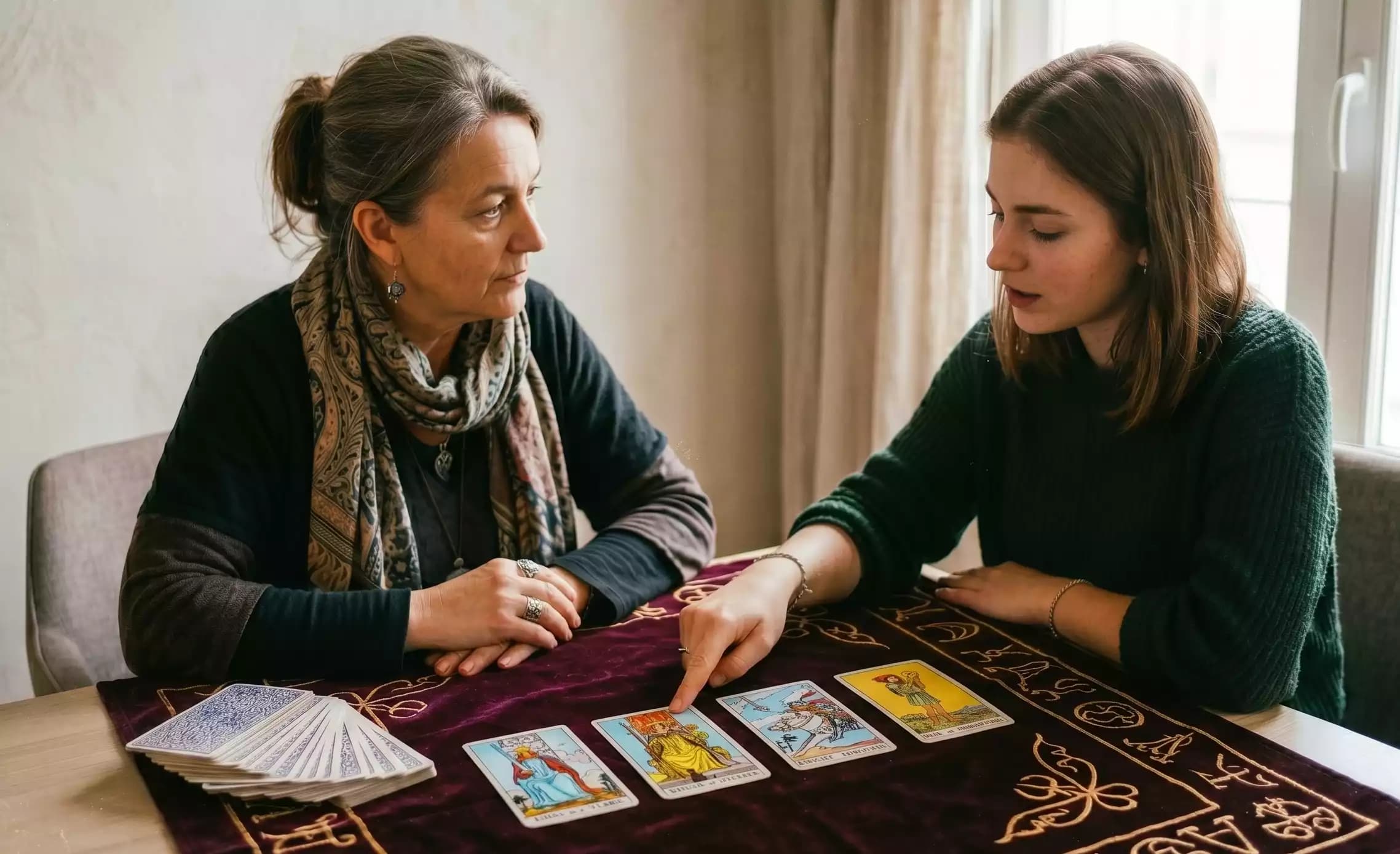 Deux femmes devant quatre cartes de tarot, l'une pointant une carte du doigt.
