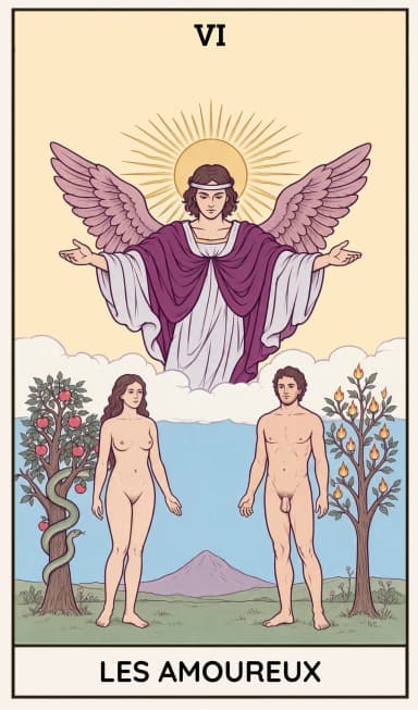 Les Amoureux, Tarot Rider-Waite-Smith, Adam, Ève et l'Archange Raphaël
