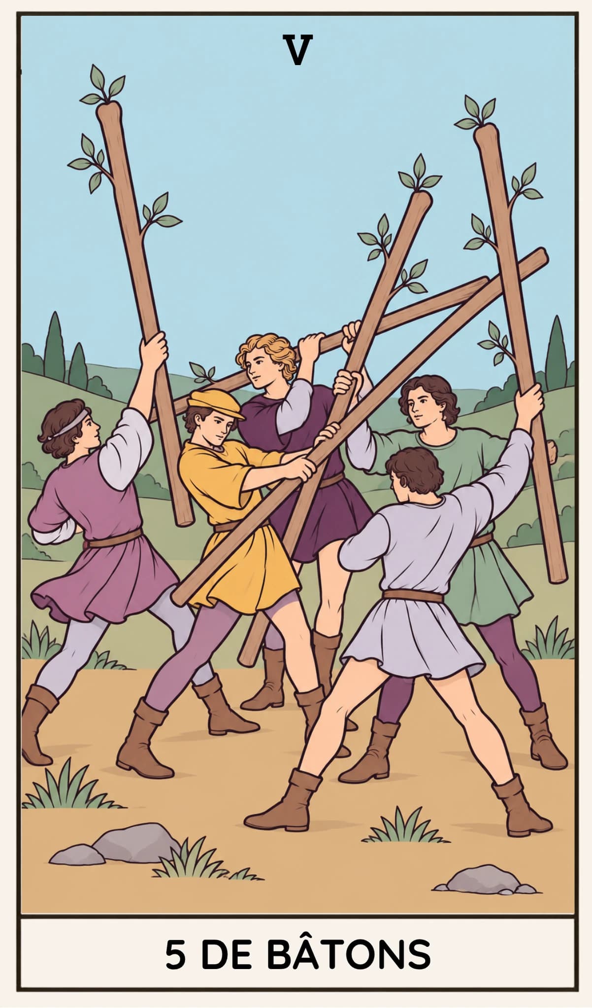 5 de Bâtons, Tarot Rider-Waite-Smith