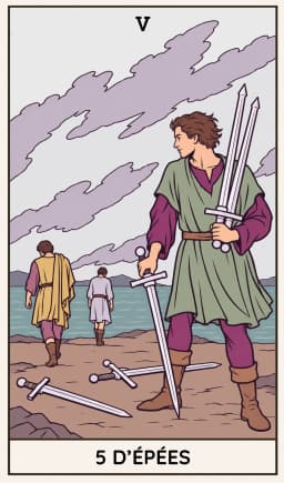 5 d'Épées, Tarot Rider-Waite-Smith, scène illustrée
